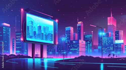 Futuristic nighttime cityscape with illuminated skyscrapers neon lights and vibrant colors  Modern urban architecture financial district and transportation infrastructure in a high tech