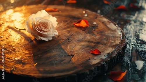 A white rose is on a wooden surface with red petals scattered around it photo