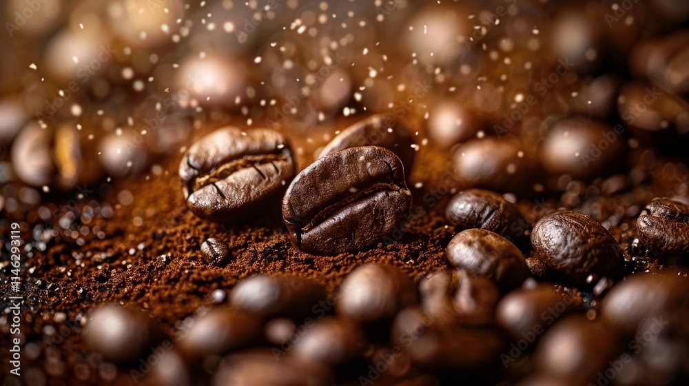 Coffee beans with rich texture and golden highlights