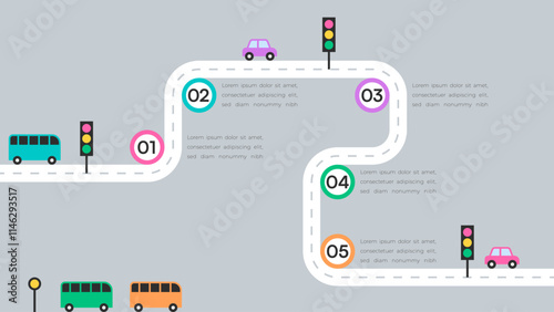 Colorful Roadmap Infographic with Cars, Buses, and Traffic Lights