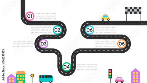 Colorful Milestone Roadmap Illustration with Cars, Traffic Lights, and Finish Line Icons