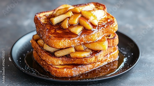 Three slices of French toast topped with caramelized apples and syrup on a black plate.