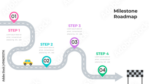 Colorful Milestone Roadmap Infographic with Numbered Steps and Finish Line