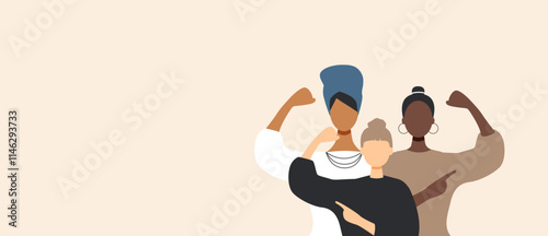 Three women show their strength. International Women's Day concept. #AccelerateAction