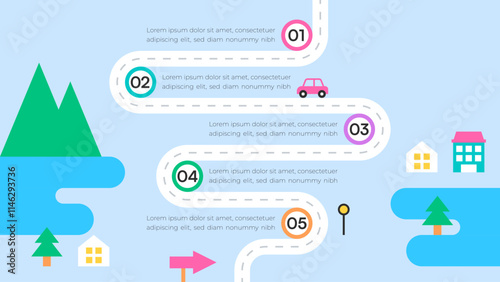 Colorful Roadmap Infographic on Light Blue Background with Car and Icons