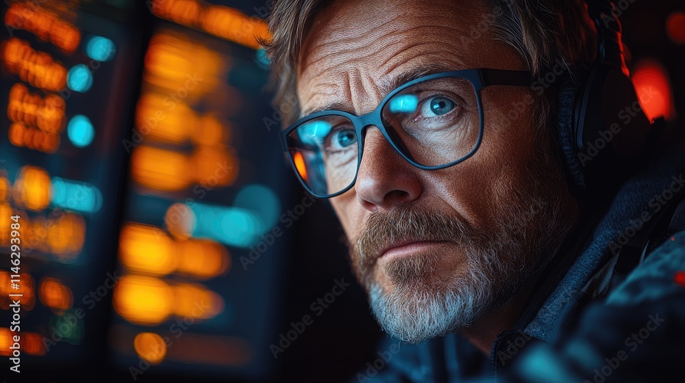 Man with glasses intently observes digital data display Man with glasses intently observes digital data display