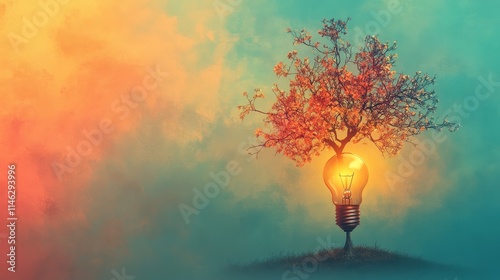 innovative entrepreneurship journey, Illuminated Tree Symbolizing Creative Growth,Blur Background