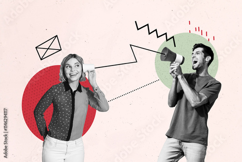 Creative collage young man announce proclaim information loudspeaker bullhorn speech gossips rumors listen curiosity envelop message photo