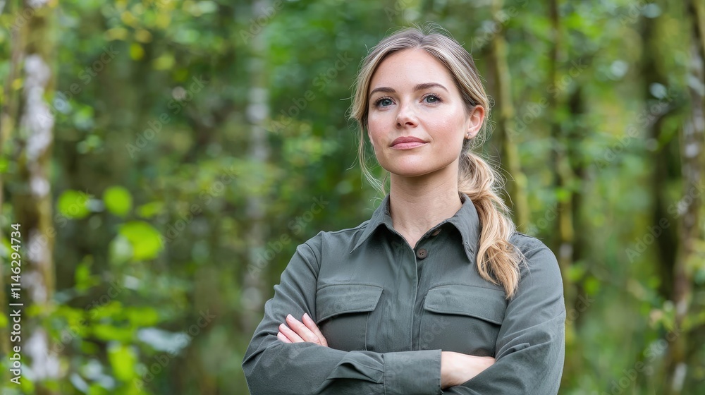 Confident woman with arms crossed in forest. Confident woman with arms crossed in forest.