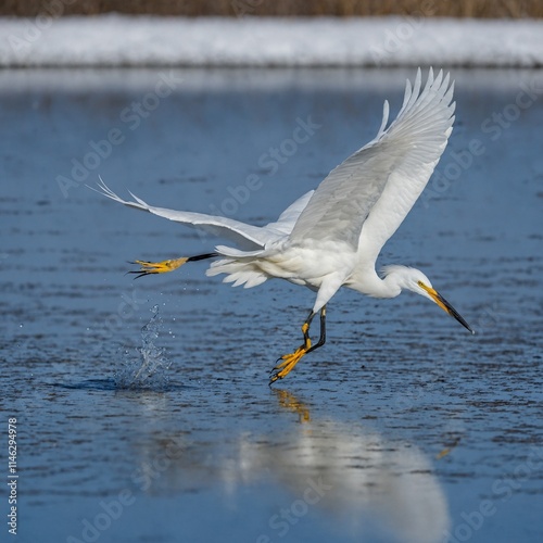 A snowy egret flying over a frozen blue pond.