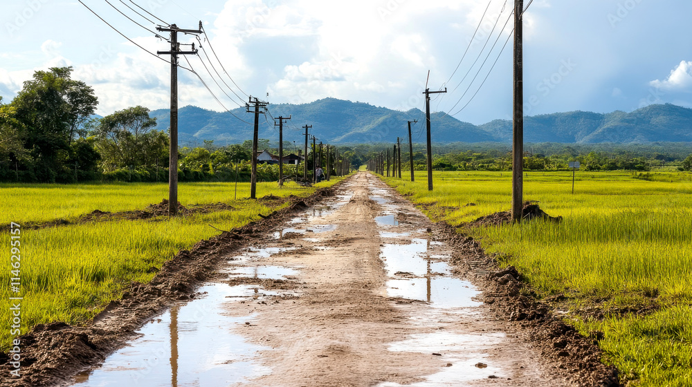 A rural road lined with power poles stretches through vibrant green fields and mountains under a cloudy sky. A rural road lined with power poles stretches through vibrant green fields and mountains under a cloudy sky.