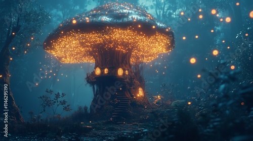 Treehouse Built Into a Giant Mushroom in a Magical Forest