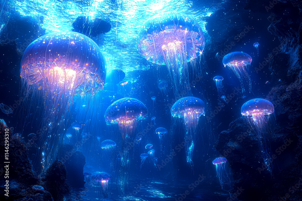Fototapeta premium Exploring the Mysteries of the Deep: Underwater Sea Abyss Bathed in Blue Sunlight