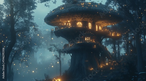 Treehouse Built Into a Giant Mushroom in a Magical Forest