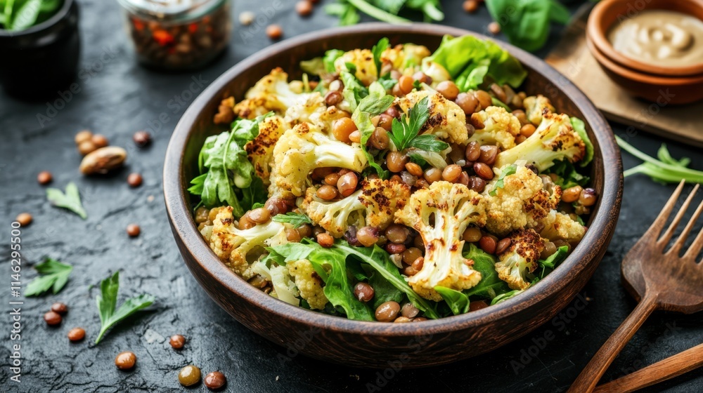 Roasted Cauliflower and Chickpeas Salad on Dark Background Roasted Cauliflower and Chickpeas Salad on Dark Background