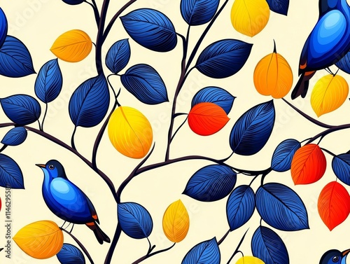 A seamless pattern presents autumn leaves in warm tones against a cream backdrop