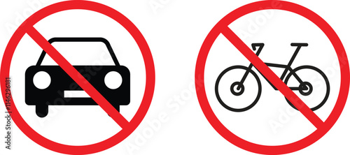 No car and bicycle signs . No parking sign for cars and bicycles . Vector illustration