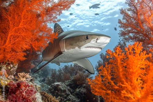A young Tiger shark, Galeocerdo cuvier, cruises above a coral reef in Fiji