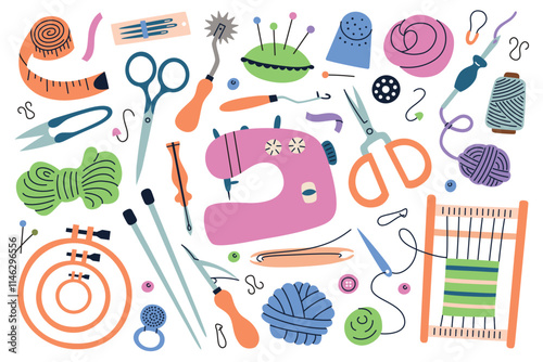 Vector illustration of colorful needlework set, sewing, knitting, and embroidery tools. Sewing machine, scissors, threads, needles, yarns, and other crafting items in flat cartoon style
