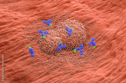 Monoclonal antibody treatment in Liver cancer - isometric view 3d illustration photo
