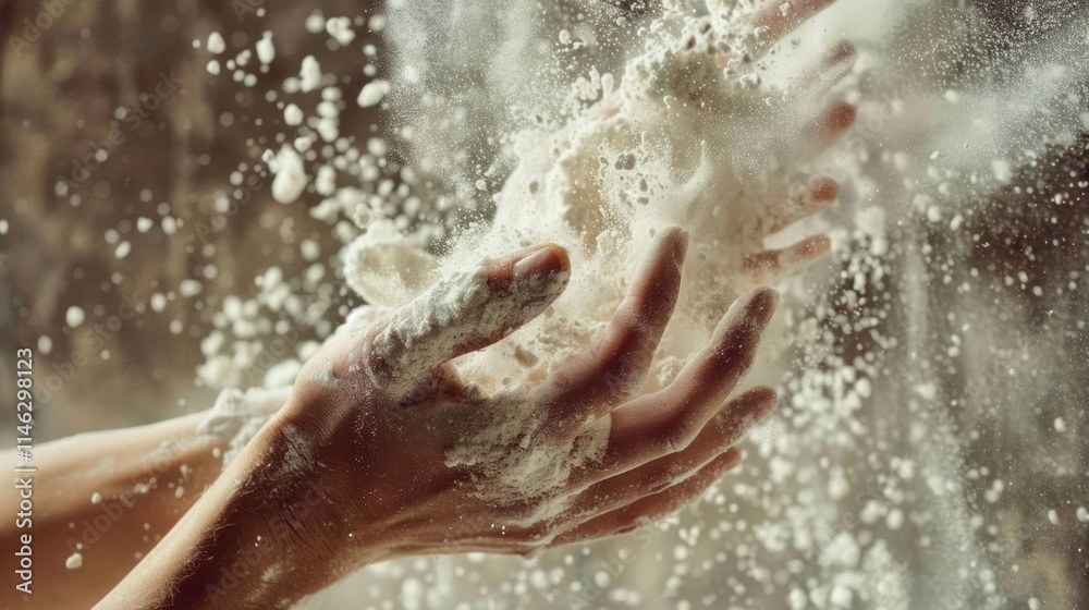 Fototapeta premium Hands clapping flour in a kitchen baking scene