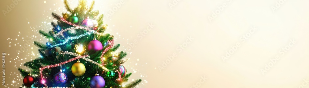 Obraz premium A festive Christmas tree adorned with colorful ornaments and lights, creating a joyful atmosphere.