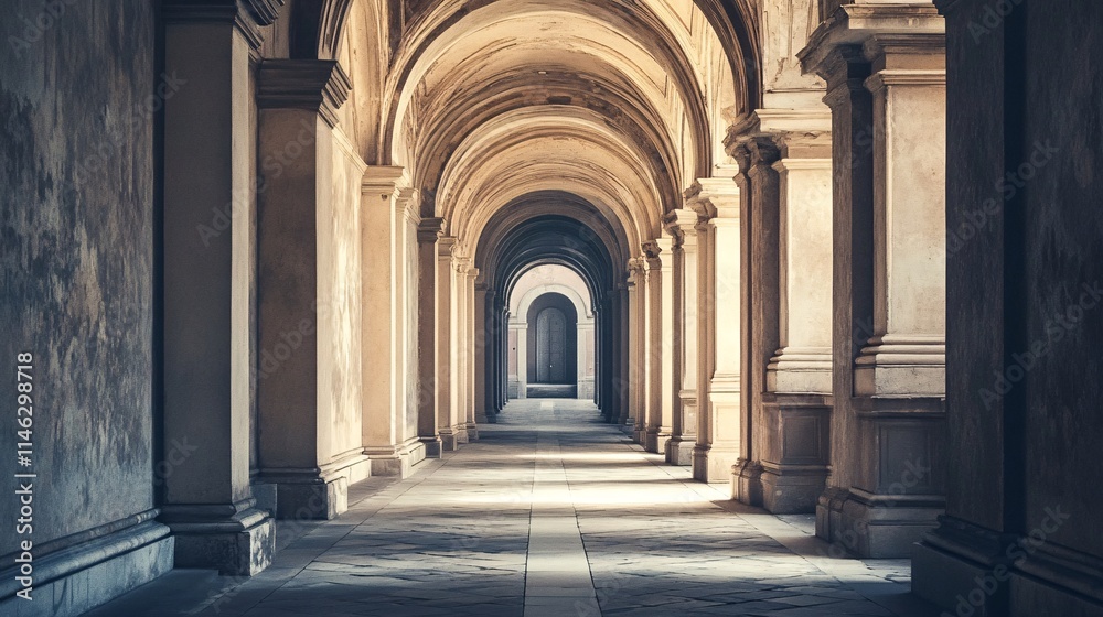 Fototapeta premium Long corridor with arches and columns creating perspective in historical building