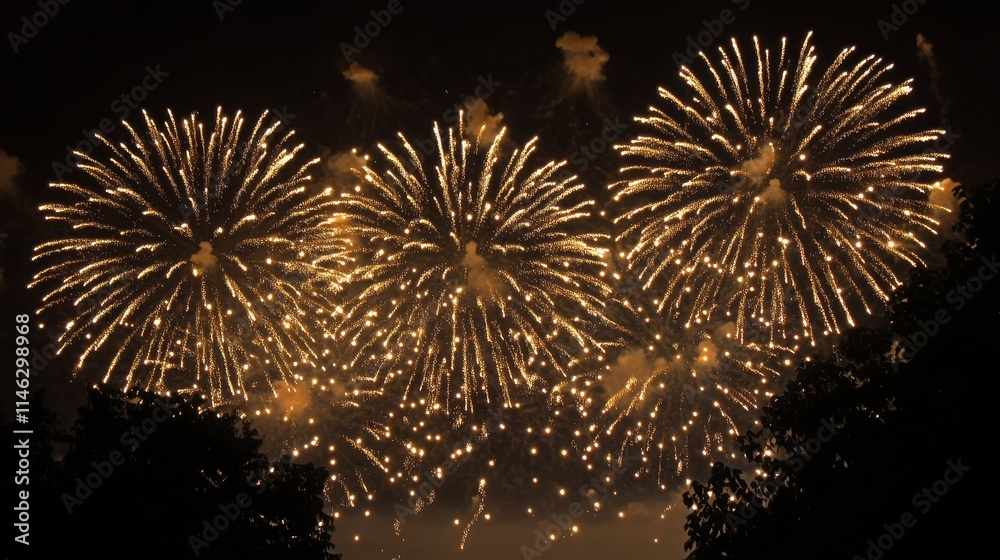 Festive Gold Fireworks Border in Night Sky for New Years and Independence Day Celebrations Festive Gold Fireworks Border in Night Sky for New Years and Independence Day Celebrations