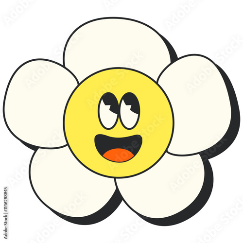 Retro Groovy Flower. Groovy flower cartoon characters. Funny happy daisy with eyes and smile. Sticker pack in trendy retro trippy style. Isolated vector illustration. Hippie 60s, 70s style.