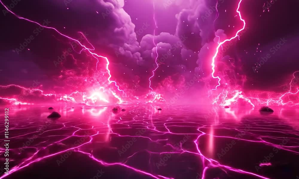 Pink Lightning Storm Over a Glowing, Cracked Surface