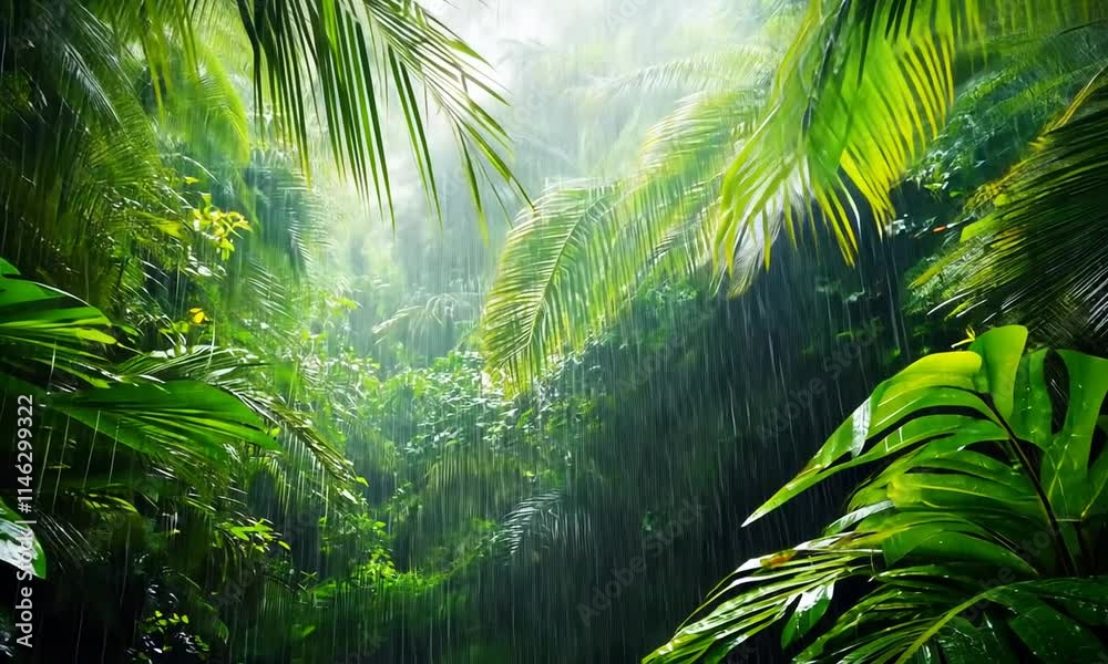A lush rainforest with light rain and vibrant greenery