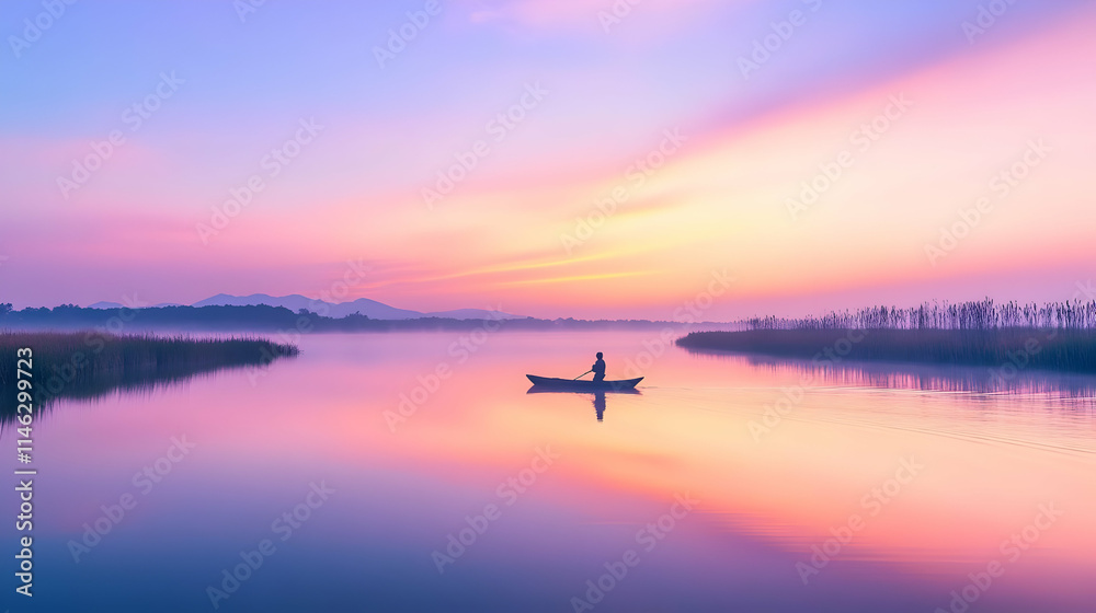 Serene Sunrise Landscape: A Peaceful Boat on a Calm Lake