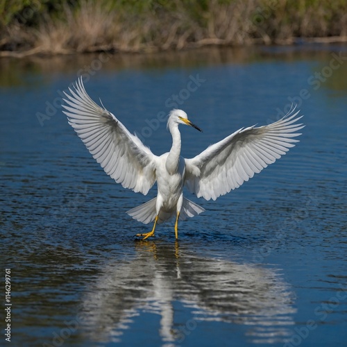 A snowy egret with its wings spread wide over a calm blue pond.