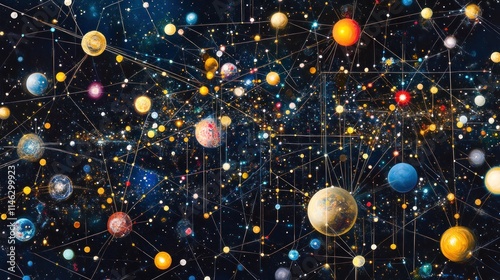 Abstract cosmic network of planets and stars interconnected by lines.