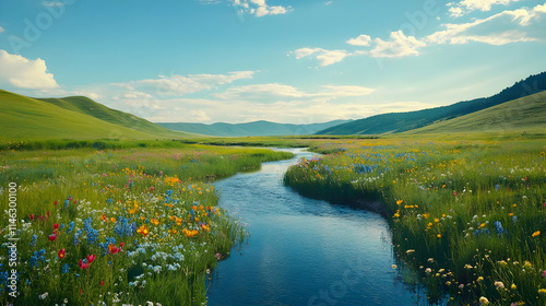 Serene River Landscape Illustration