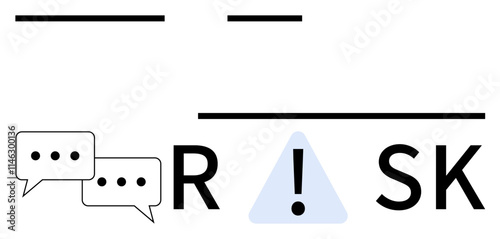 Two chat bubbles, RISK with alert triangle replacing I. Ideal for business, finance, safety, strategy consulting risk assessment warnings. Line metaphor. Line metaphor. Simple line icons