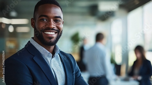 Confident businessman smiling in modern office environment