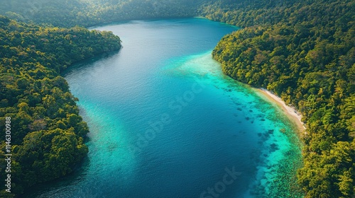 This stunning aerial image showcases a tranquil coastline with vibrant blue waters, lush greenery, and a sandy beach, inviting a sense of adventure and discovery. photo