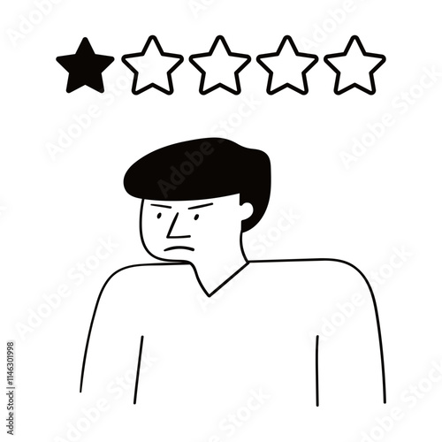 Negative customer experience. 1 star rating review. Angry person. Outline design. Illustration on white background.