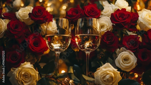 Two elegant wine glasses filled with sparkling liquid sit amidst a vibrant arrangement of red and white roses. Soft lighting enhances the romantic atmosphere, perfect for a special occasion.