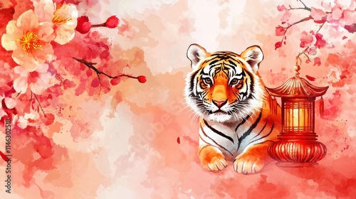 Chinese new year 2022 year of the tiger watercolor background vector. Cute tiger and Chinese lamp, flower on oriental festive red watercolor theme background. photo