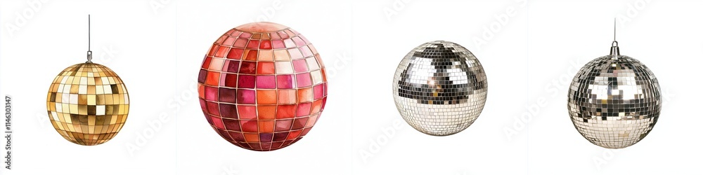 new year gathering concept. Four shimmering disco balls in various colors hang against a white background, reflecting light and enhancing the festive atmosphere. new year gathering concept. Four shimmering disco balls in various colors hang against a white background, reflecting light and enhancing the festive atmosphere.