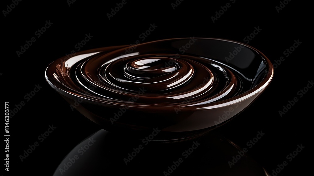 Fototapeta premium Dark chocolate swirls in a glossy bowl on a black background.