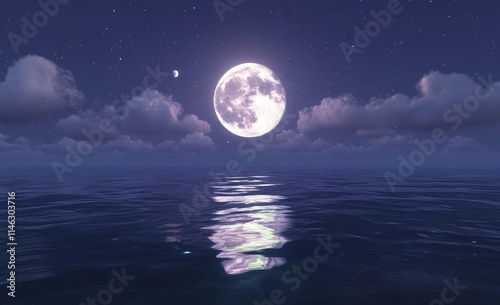 Full moon over calm ocean at night, reflecting moonlight on water surface with clouds and stars.