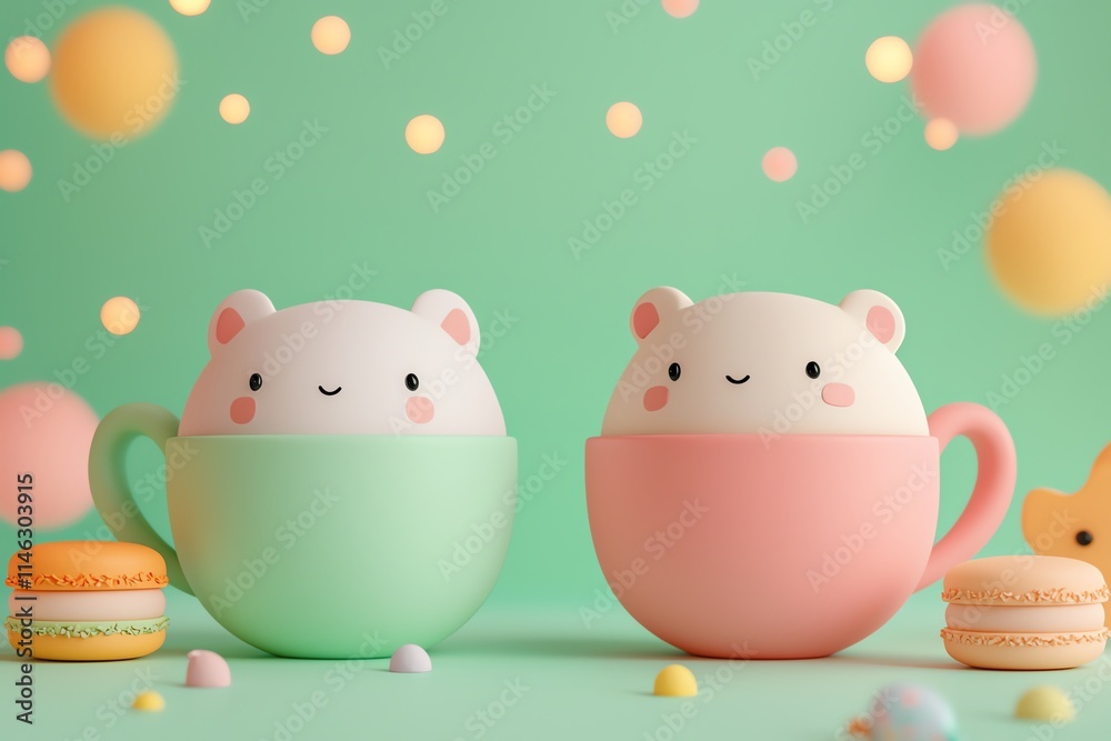 Cute, colorful cups resembling bears, set against a playful pastel background with macarons and whimsical decorations. Cute, colorful cups resembling bears, set against a playful pastel background with macarons and whimsical decorations.