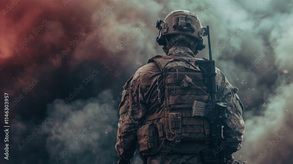 A soldier in camo with rifle, helmet, and backpack stands in smoky, tense scene. Red smoke hints at conflict, with a glimpse of blue sky above.