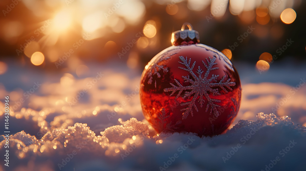 Red Christmas Ornament in Snowy Winter Sunset Red Christmas Ornament in Snowy Winter Sunset