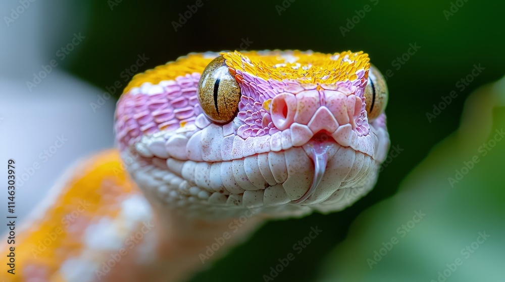 Fototapeta premium Close-up of a vibrant pink and yellow snake's head.