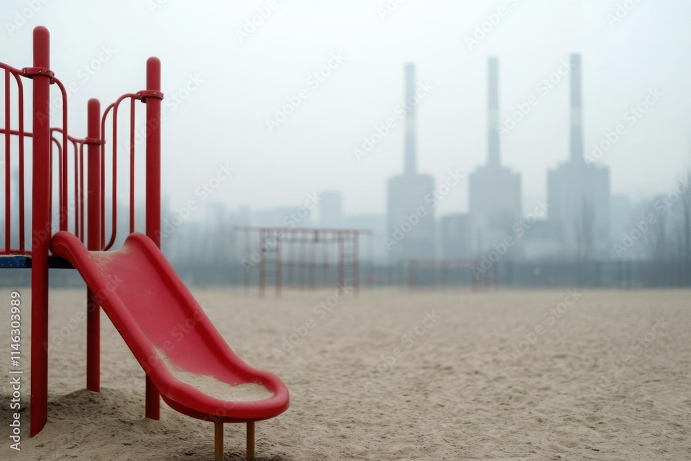 Pm 2.5 industrial concept. A playground slide in the foreground with a hazy industrial background featuring smokestacks, creating a juxtaposition of play and pollution. Pm 2.5 industrial concept. A playground slide in the foreground with a hazy industrial background featuring smokestacks, creating a juxtaposition of play and pollution.