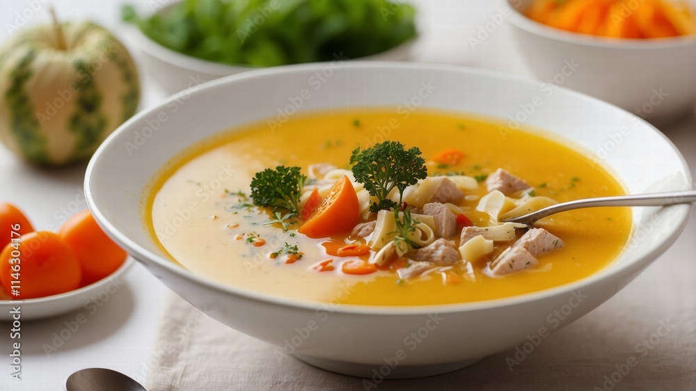 Pumpkin and carrot soup with cream on grey stone background. Close up. side view Pumpkin and carrot soup with cream on grey stone background. Close up. side view